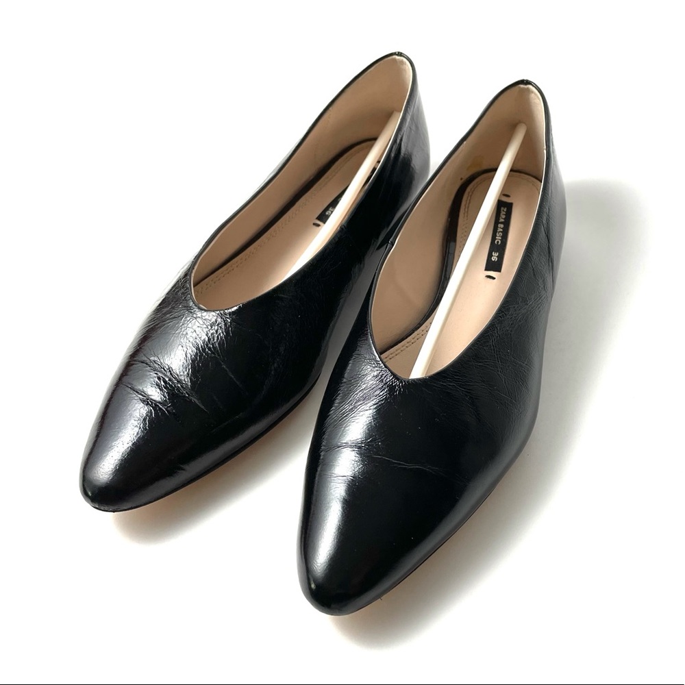 Zara Basic Black Patent Leather Pointed Flats